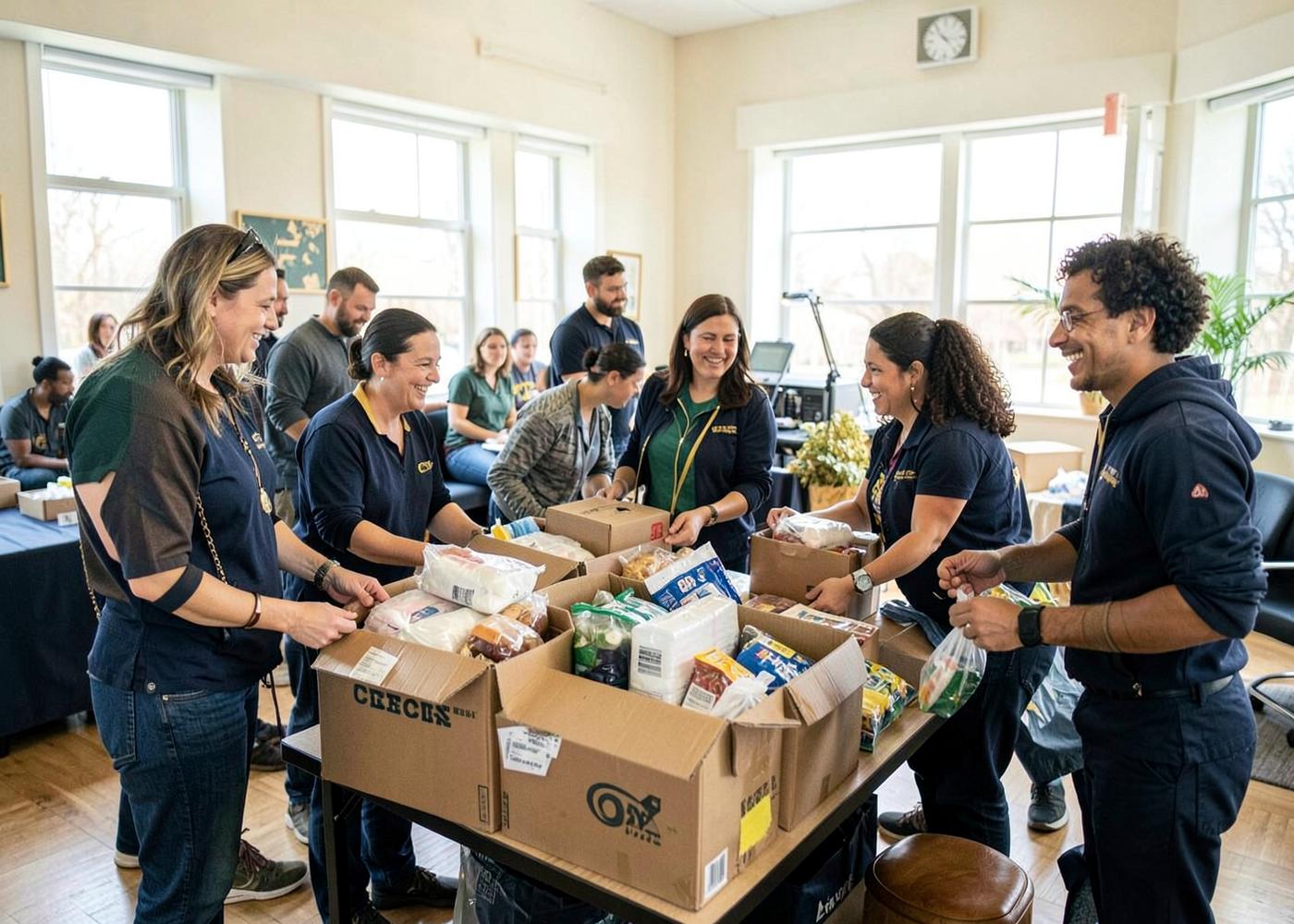 Voluntarios organizan cajas con suministros y alimentos en un centro comunitario.