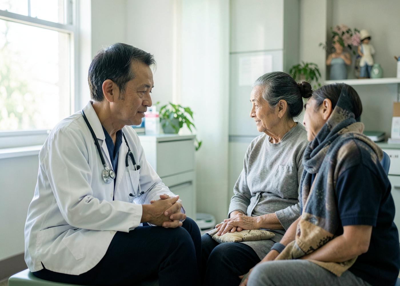 Un profesional de salud conversa con una paciente y su familiar.